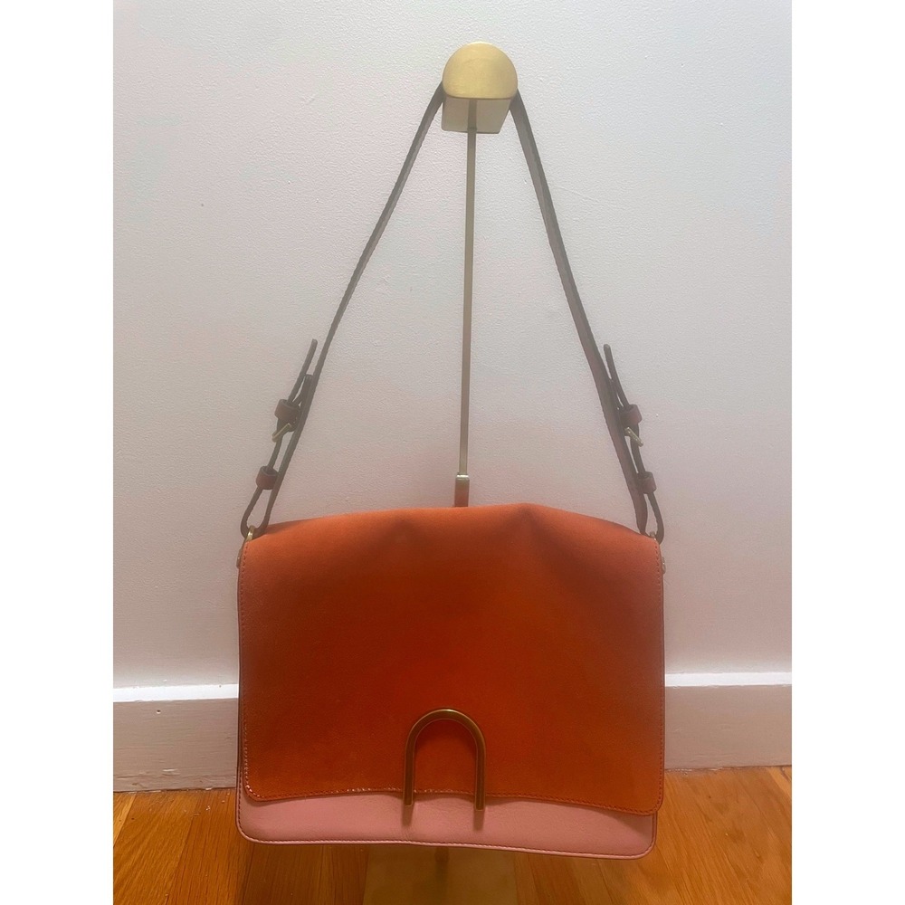 Fossil Leather Suede Colorblock Shoulder Bag Orange Pink Gold Hardware